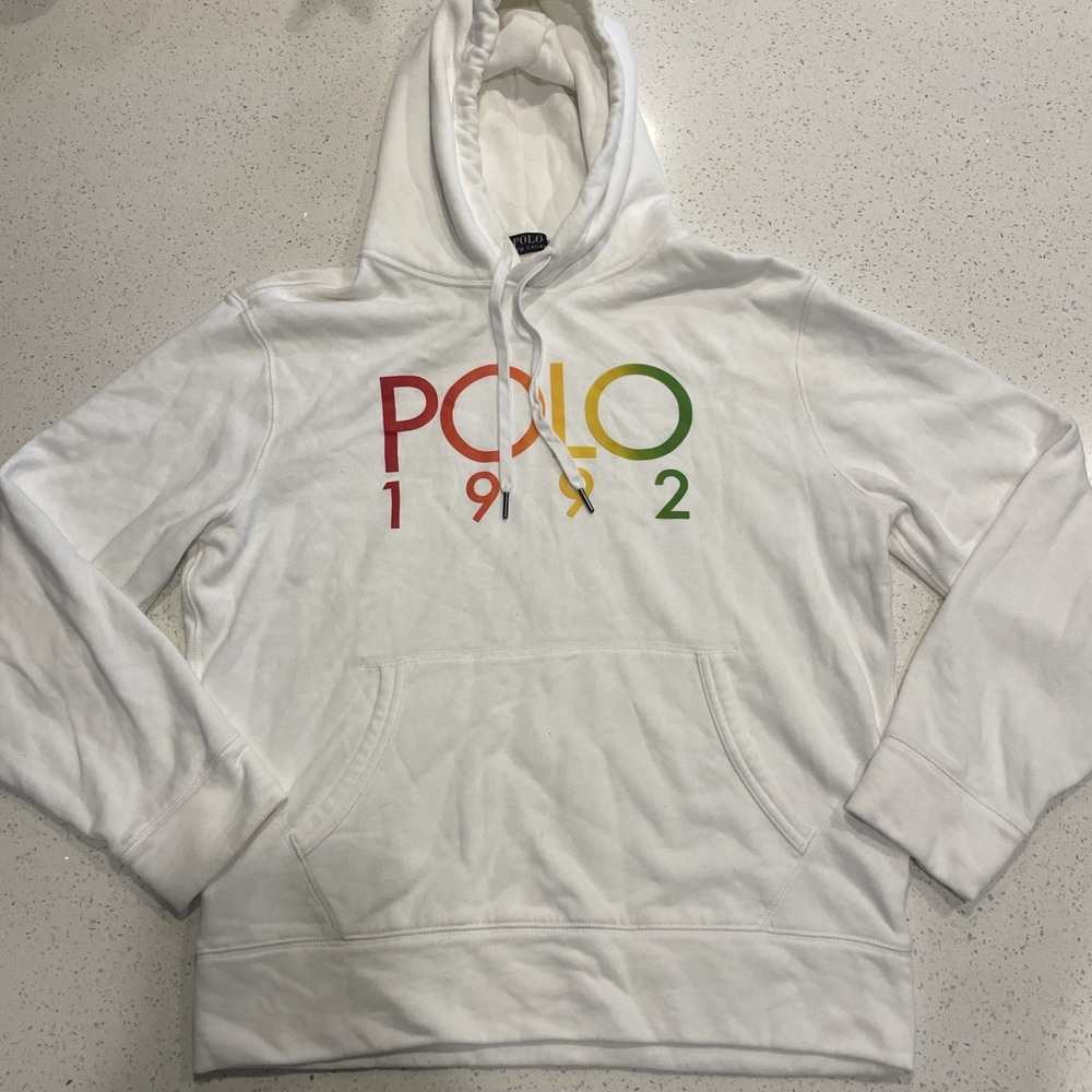 Polo Ralph Lauren Hoodie Mens Large White POLO 1992 Graphic Pullover Sweatshirt